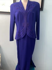Daymor Couture by C  Mercedes Ferreira Sz 16 Blue Beaded Formal Evening Gown EUC