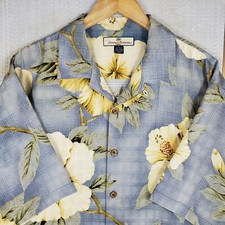 TOMMY BAHAMA Mens Sz Large Clouds Big Hibiscus Leaves Checks Camp Shirt Hawaiian