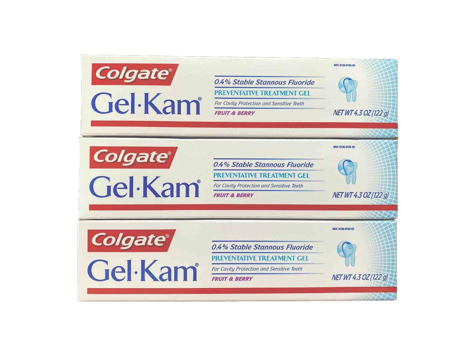 3x Colgate GELKAM Fluoride Gel Fruit/Berry Flavored 4.3 Ounce