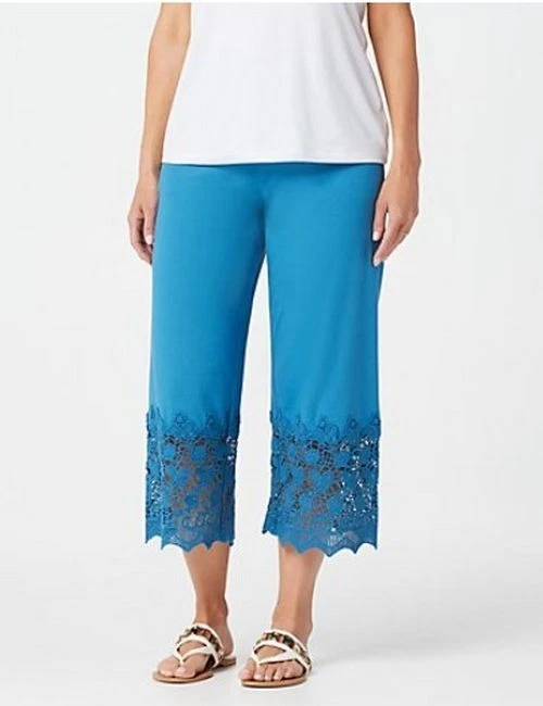 LOGO Lori Goldstein Blue Waves Knit Crop Pants Crochet Detail XS New