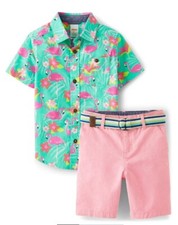 Gymboree Boys Tropical Paradise sz 12 Green Flamingo Shirt Pink Shorts Set NWT