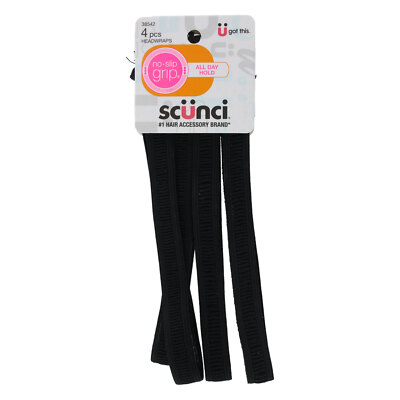 Scunci U Got This No-Slip Grip All Day Hold Headwraps, Black, 4-Pieces