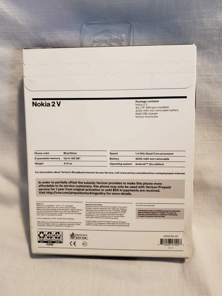 New Verizon Wireless Nokia 2V Prepaid Smartphone - Blue / Silver - SEALED - Image 2 of 4