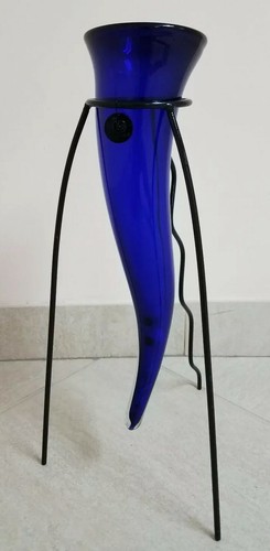 Hysteria France French Art Glass Studio cased Cobalt Blue Large Horn with Stand - Picture 2 of 10