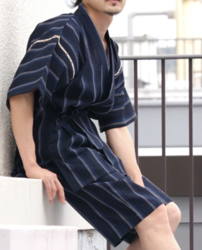 Japanese JINBEI Men's Summer Kimono wear Topps Half Pants Stripe #6 JAPAN - Picture 1 of 2
