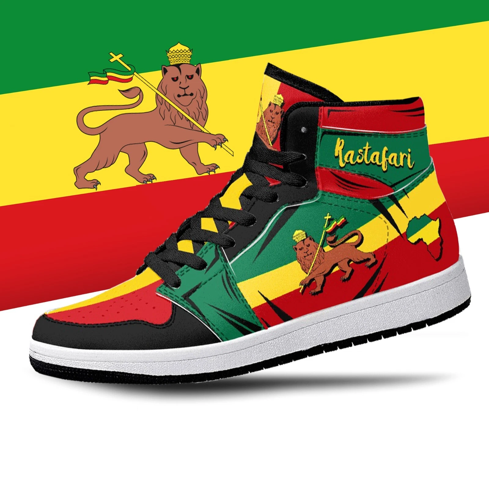 Rastafari Lion of Judah Black High Tops, Rasta Jamaica Premium High Top Sneakers