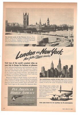 Pan-Am American World Airways 1946 Vintage Advertising London via New York
