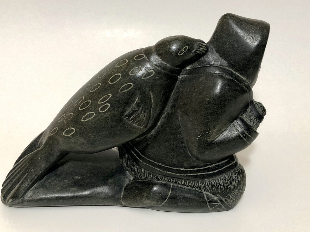 Inuit Art Eskimo Stone Carving Sculpture Hunter&Seal,Native