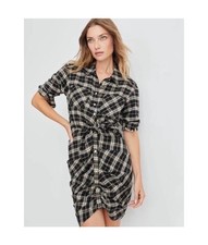 Veronica Beard Sierra Black Plaid Shirt Dress Pearl Button Tie Waist Size 4