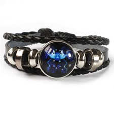 Zodiac Gemini Illuminous Adjustable Leather Astrology Charm Bangle Bracelet