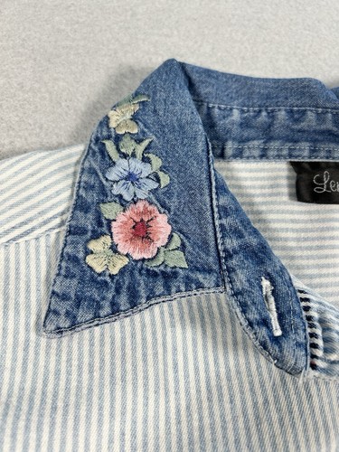 Vintage 90 80 3/4 Damen Button Down Chambray bestickt Denim Kragen Hemd MEDIUM - Bild 4 von 8