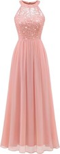 Women's Sparkly Sequin Wedding Guest Dresses Halter Formal Floral Lace Prom Gown