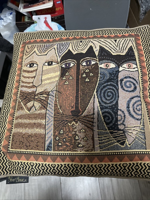 Laurel Burch Native Feline Cat Tapestry Cushion Square Pillow 18"×18" Free Ship