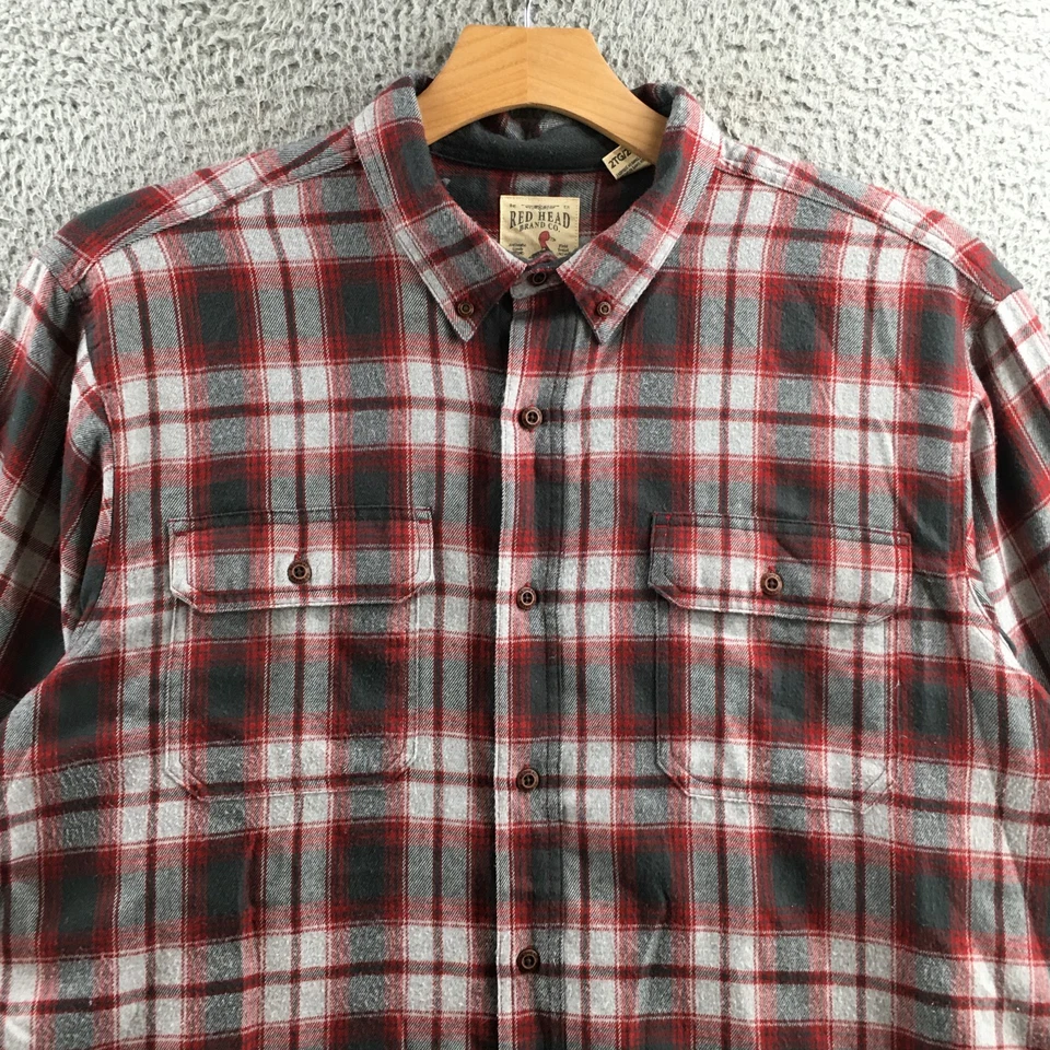 Red Head Shirt Mens 2XL Gray Red Plaid Button Down Long Sleeve Casual Polyester - Image 3 of 4