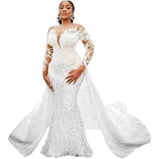 IS-NWT US10 Plus Size Mermaid Wedding Dresses with Detachable Train Beaded Lace