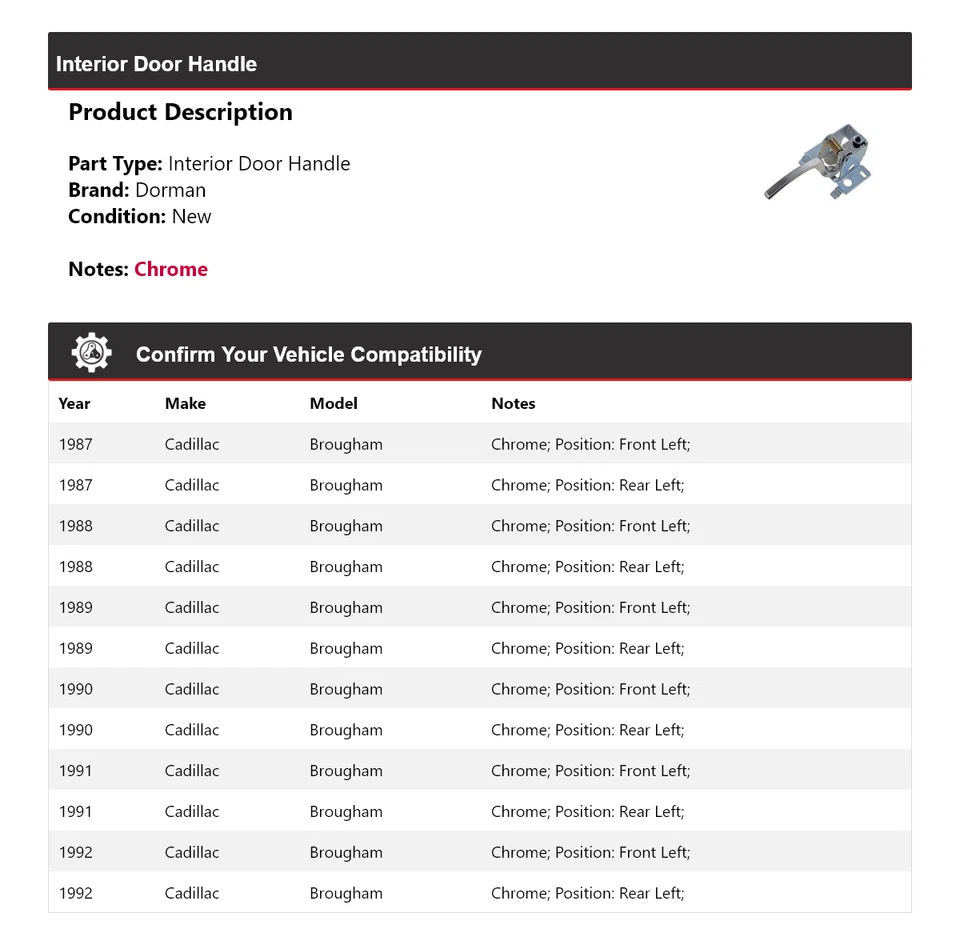 Manija de puerta interior para Cadillac Brougham Dorman 1987-1992 1988 1989 1990 1991 Foto 2 de 4