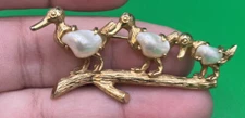 Vintage Unsigned Marboux Cute Duck Family Tooth Pearl Brooch Boucher Designer