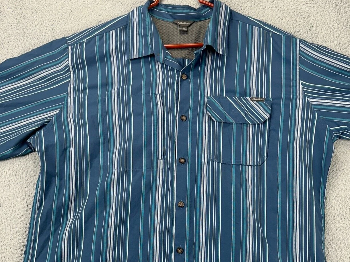 Eddie Bauer Shirt Mens 2XL Blue Stripe Button Up Long Sleeve Flap Pocket Vented