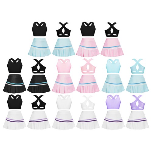 Kids Girls Crop Top With Skirt Cross Back Activewear Summer Sportswear Set Mini - Picture 2 of 83