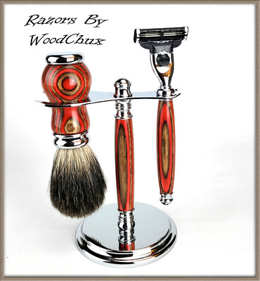 Handmade Color Grain Wood Shaving Set Razor SEE VIDEO 360
