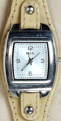 VINTAGE RELIC WOMENS WATCH; TAN LEATHER BAND; WR; SQUARE SILVER FACE WORKS!