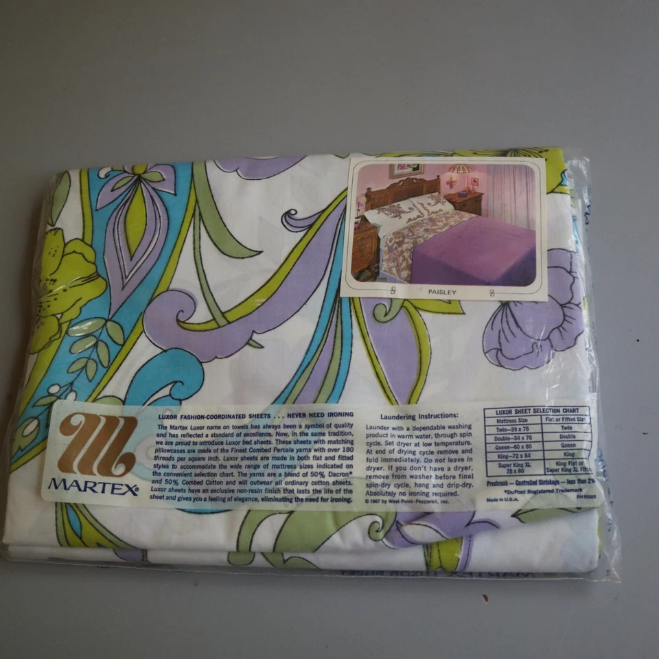 Martex Floral Paisley Vintage 60s 1960s 1 Double Flat Bed Sheet Flower Hippy - Image 2 of 4