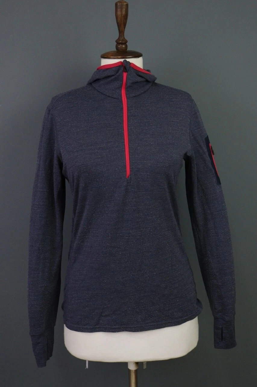 Icebreaker Gray Lightweight 1/4 Zip Merino Wool Hooded Top Base Layer