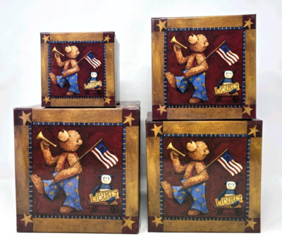 RARE VTG ''Set of 4'' Teddy Liberty USA Flag Stars Nesting Stackable Decor Boxes