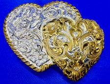 Dual Twin Hearts Flower Swirl Ornate Floral Theme Two Tone Crumrine Belt Buckle