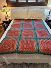 Vintage Handmade Crochet Afghan Red Green Granny Square 50x68 Throw Blanket