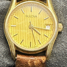 Bulova Quartz Dress Watch Gold Dial Date Brown Leather Strap