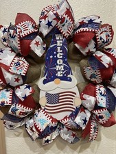 Farmhouse GNOME USA Fourth Of July WREATH   BURLAP Deco Mesh SUPER CUTE 