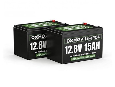 OKMO 12V 15Ah LiFePO4 Lithium Battery 12.8V, 15000+ Deep Cycles rechargeable 2PK