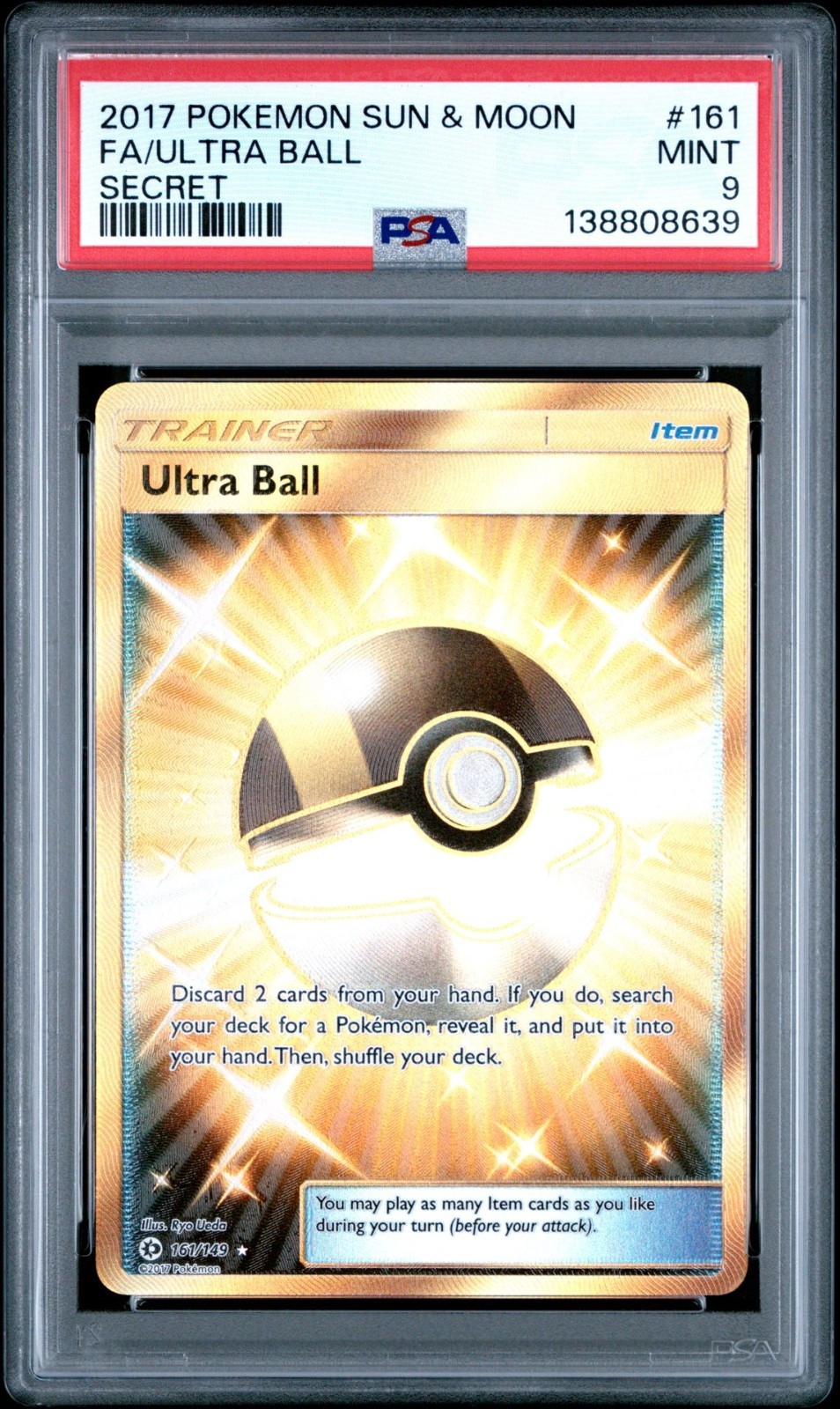 2017 Pokemon Sun & Moon Base Set Ultra Ball Full Art Secret Rare #161 PSA 9