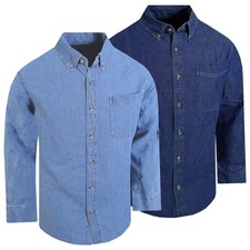 Denim Shirt Blue Cotton Mens Western White Stitch Pocket Stretch Button Collar