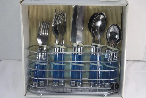 The Cellar Flatware Set Silverware Blue Plastic Handle 2002 NOS W caddy 20 Pc