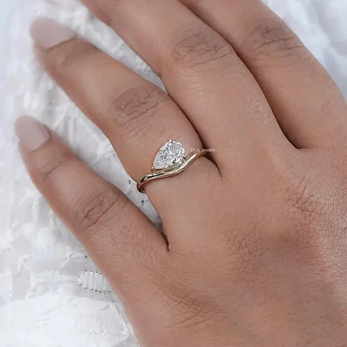 1CT Pear Cut Lab Created Diamond Curved Solitaire Ring 925 Silver Gift For Her