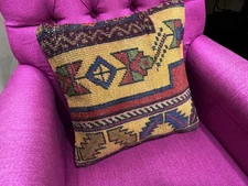 Vintage Rug Pillow Cover 16x16, Handmade Turkish Cushion Case, Home Decor Pillow