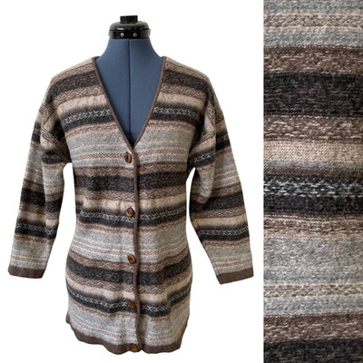 VTG Maglia Donna Womens Brown Striped Button Up knit Cardigan Oversized Granny S
