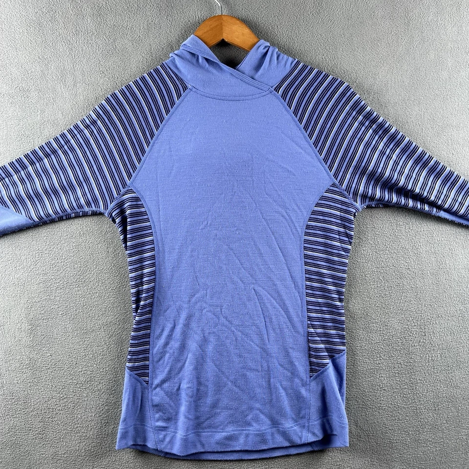 Sudadera con capucha Smartwool para mujer XL púrpura azul a rayas suéter capa base agujeros para el pulgar Foto 4 de 4