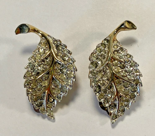 Vintage Jomaz Leaf Rhinestone Clip-on Earrings Signed Costume Jewelry
