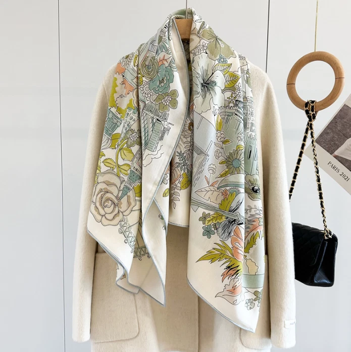 70% Cashmere 30% Silk Wrap Scarf Green garden Print Double Face Print Shawl 53'' - Image 3 of 4