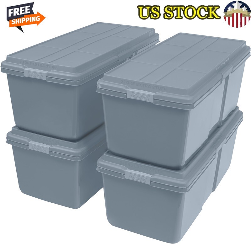 Set Of 4 Durable Stackable Plastic Garage Storage Totes Utility Organizers New