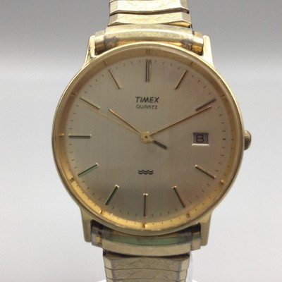 Vintage Timex Mens Watch 32mm Date Gold Tone Stretch Band New Battery 7.75''