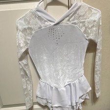 White Floral Lace Rhinestone Velvet Mesh Ice Skating Dress Long Sleeve