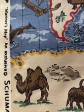 Schumacher Mariner’s Map Fabric 2+ Yds 50x100” Animals World Map Ships Seas Bird