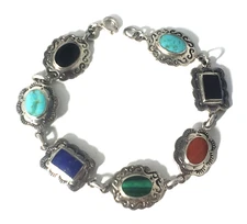 Vtg Sterling Silver SOUTHWESTERN Turquoise Coral Etc BOMA Link Bracelet Lot 7.5"