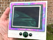 Modernist Art Glass Jackie Russo Iridescent Rainbow Green Glass Wall Art RARE