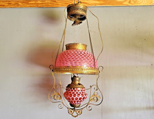 Cranberry Opalescent Hanging Parlor Lamp WINDOWS Glass Shade Font HOBBS Antique