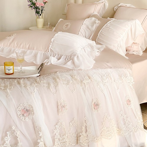 Bedding Set 4pcs Pure Cotton Lace Embroidery Duvet Cover Bed Skirt 2 Pillowcases - Picture 4 of 18